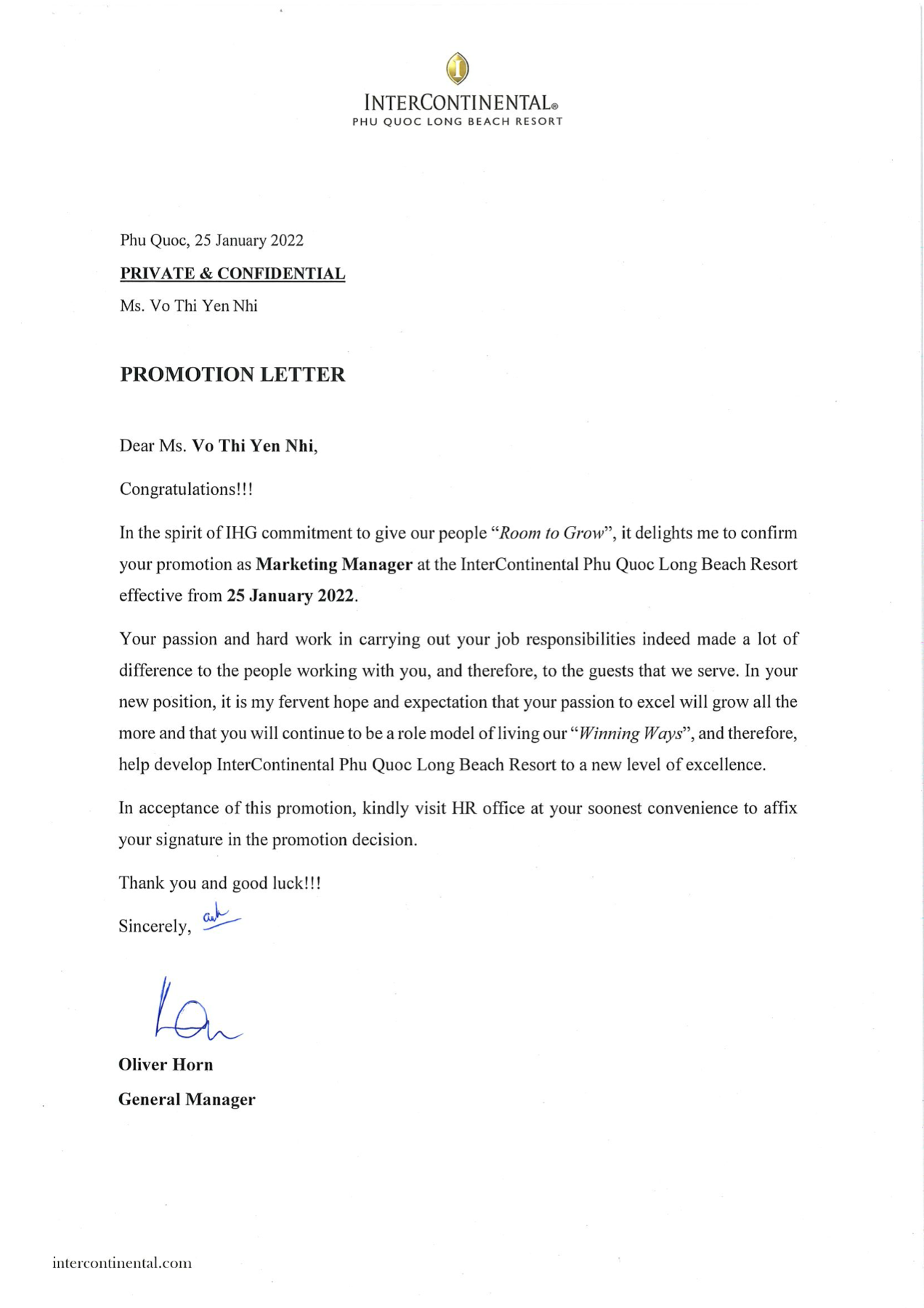 Promotion Letter — Marketing Manager